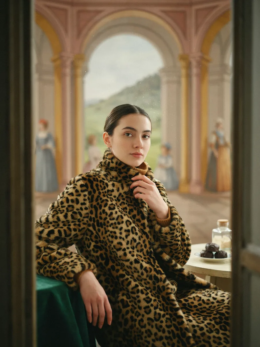 Image made with Ideogram 4.5: Focal point is the leopard coat and the model's face