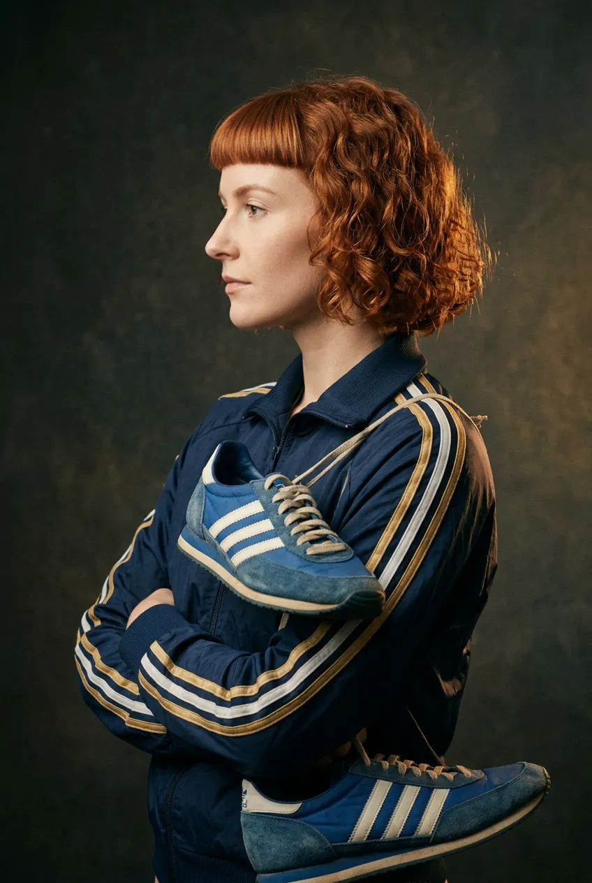 Imagem gerada com Nano Banana 2.1: Studio product portrait of a woman with short curly copper-red